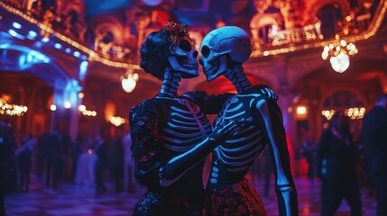 Obraz premium Couple in Matching Skeleton Costumes at Party