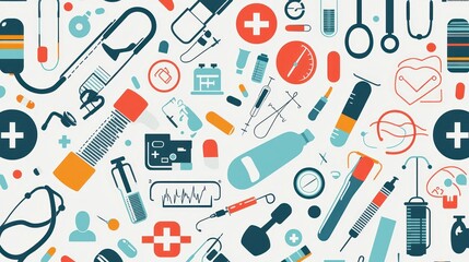 A seamless background filled with various medical equipment icons.