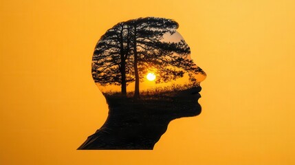Silhouette of a head and nature background, yellow sun and tree close up, focus on, copy space soft glowing light, Double exposure silhouette with peaceful imagination