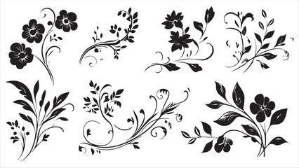 A set of simple black blue floral and swirling vector elements on a white background.