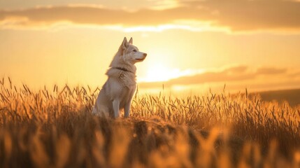 Alert husky on lookout atop small hill in wheat field