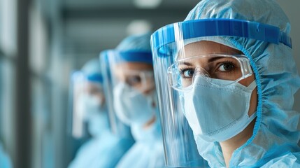 Healthcare workers using protective medical equipment during the COVID-19 pandemic.