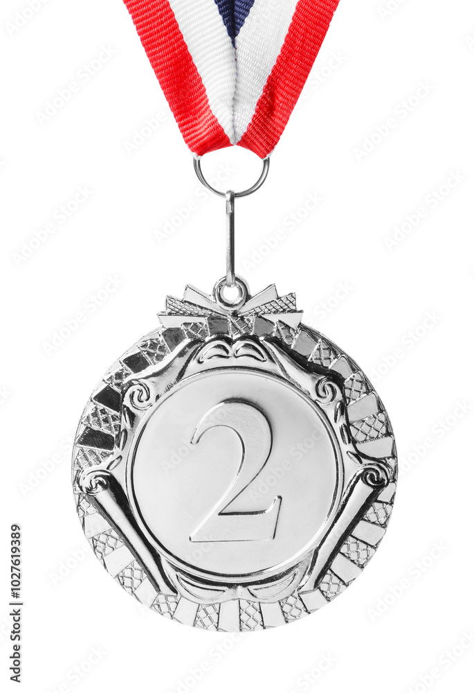 Poster Silver medal with striped ribbon isolated on white