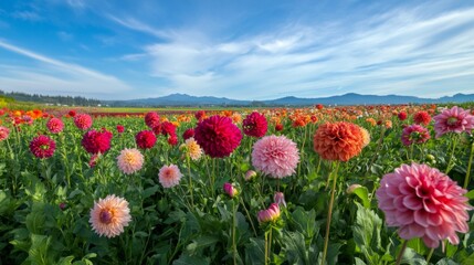Fototapeta premium Colorful Dahlia Blooms in a Field with a Mountain View