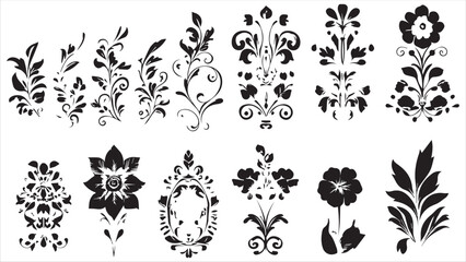 A set of simple black blue floral and swirling vector elements on a white background.