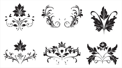 A set of simple black blue floral and swirling vector elements on a white background.
