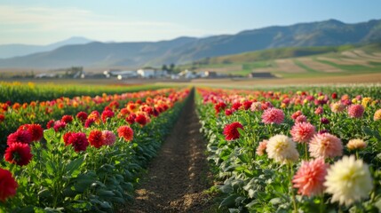 Obraz premium Rows of vibrant dahlia flowers blooming in a field with a distant mountain range.