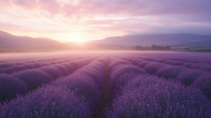 Misty morning over expansive purple fields and rose beds