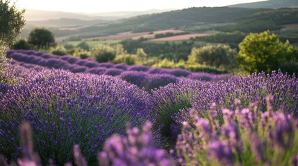 Naklejka premium Bee eye view of purple blossoms stretching to rose horizon