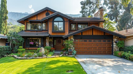 Obraz premium Charming suburban house with stone accents surrounded by lush greenery on a sunny afternoon in the neighborhood. Generative AI