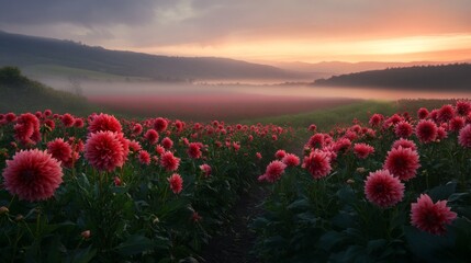 Fototapeta premium Pink Dahlia Field at Sunrise with Foggy Mountains