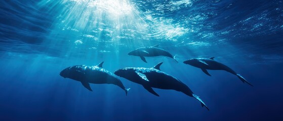Fototapeta premium Panoramic view of whale pod in endless blue ocean