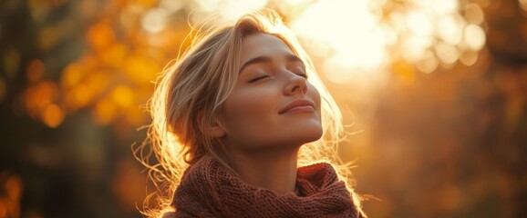 Woman with closed eyes in golden light.