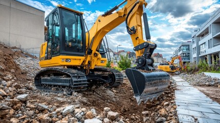 Compact construction equipment, like a mini-excavator, at a job site.