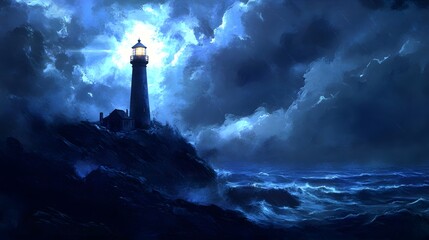 Fototapeta premium A Lighthouse Stands Tall Against a Stormy Sea at Night