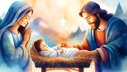 Fototapeta premium Watercolor Painting Depicting a Serene Nativity Scene in Bethlehem, Illustrating the Traditional Christmas Story with Delicate Brushstrokes and Soft Colors in a Spiritual and Artistic Representation o