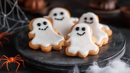 Spooky Ghost Shaped Cookies on a Black Platter