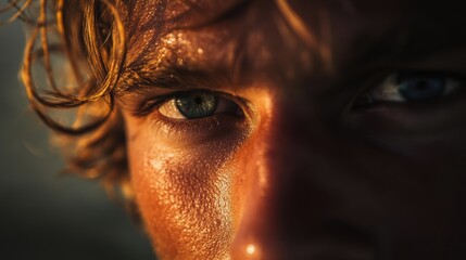 Close-up of surfer determined face in fading light