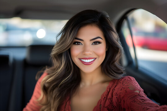 portrait of mature hispanic brunette woman car driver sitting in the front seat her car with smiling face expression