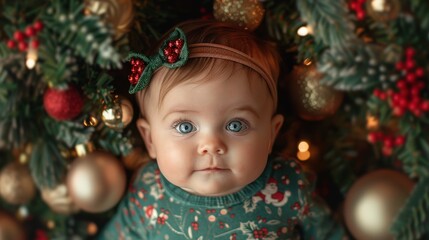 Charming baby nestled among glittering holiday decorations in a festive atmosphere filled with joy. Generative AI