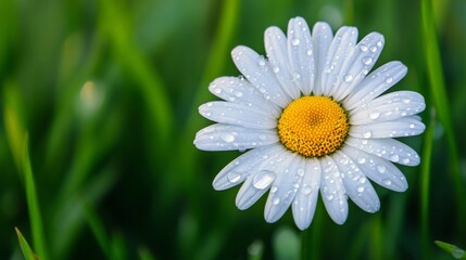 Obraz premium A Single Dew-Covered Daisy in a Lush Green Meadow
