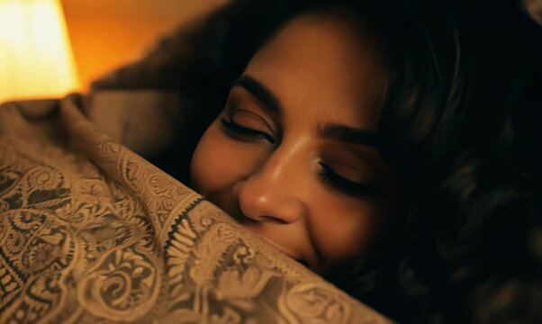 Iranian Woman Enjoying Warmth Under Covers at Home