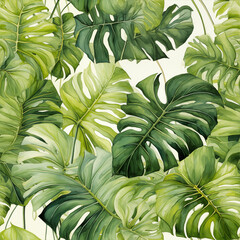 Tropical seamless pattern. Green exotic leaves. Monstera foliage. Rainforest. Botanical design. Watercolor simple style. Image generated by AI technology