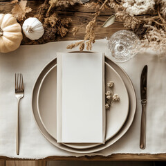 Vertical menu card mockup 4x9 on table, wedding table setting,  blank card for menu, restaurant, Autumn menu, Flat lay, top view
