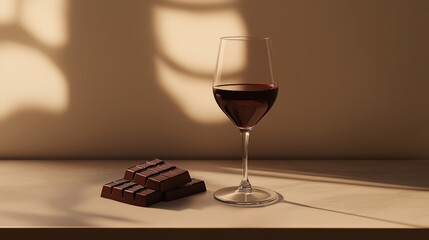 Glass of red wine with a side of dark chocolate, brain-boosting treat, rich in flavonoids.