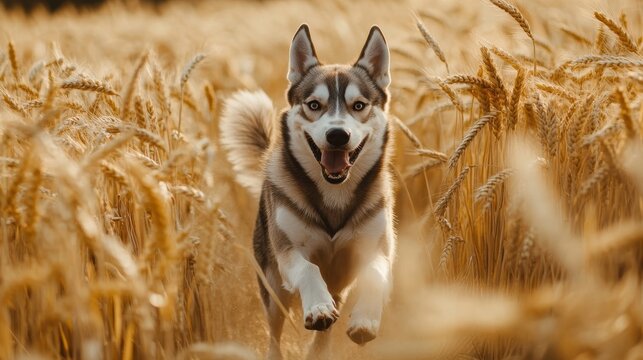 Carefree husky running with abandon through wheat field - Powered by Adobe