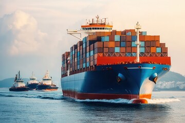 A large container ship navigates through calm waters, flanked by smaller tugboats under a colorful sky, showcasing maritime transport.