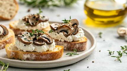 Fototapeta premium A serving of mushroom crostini topped with ricotta, against a minimalist background with elegant olive oil and herbs surrounding the plate