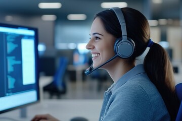 Smiling customer service agent wearing a headset and working on a computer, representing communication, support, and assistance.