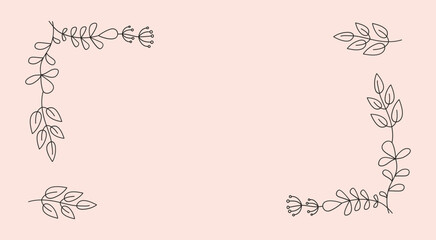 Frame, border. Floral ornament. Abstract Flowers, branches and leaves. Banner, space for text. Set of simple drawings of plants. Collection, Hand-drawn linear drawing for print, cover, card