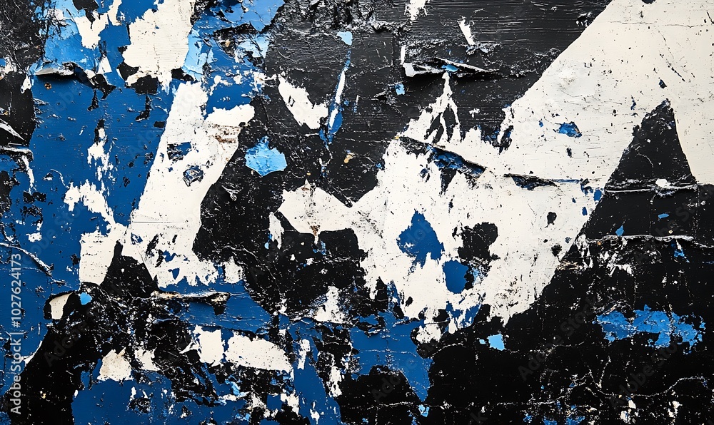 Poster the image displays a textured surface with peeling paint in shades of blue, white, and black, creati