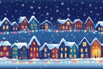 Obraz premium A charming snowy village scene featuring rows of cozy houses adorned with festive Christmas lights.