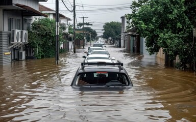 Fototapeta na wymiar A flooded street with cars after severe flooding in a residential neighborhood. Natural disasters. Flooding