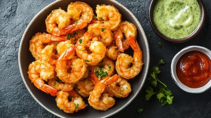 Fototapeta premium Crispy Shrimp with Dipping Sauces on a Dark Background