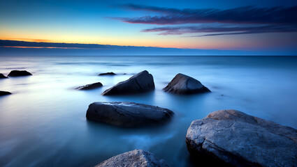 ocean o zachodzie słońca z niebem w tle, krajobraz oceanu i skał, krajobraz wodny, piękne krajobrazy morskie, fotografia niebieskiej godziny, niebieski zachód słońca, spokojne kolory