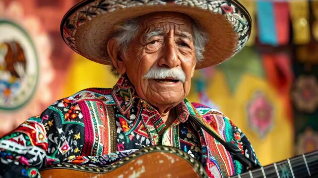 An old man in traditional Mexican embroidered guayabera shirt and a wide-brimmed sombrero playing the guitar. Cinco de Mayo or Day of the Dead celebrarion