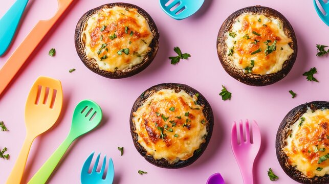 Stuffed portobello mushrooms with cheese and herbs, isolated against a soft pastel background with colorful kitchen utensils as decorative elements