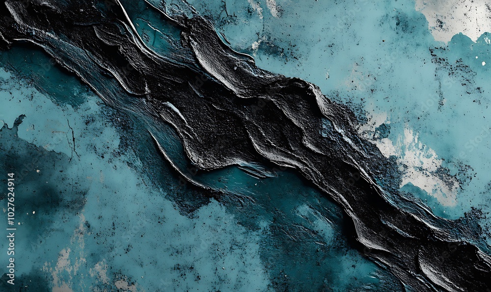 Aufkleber an abstract composition featuring a blend of turquoise and black textures, reminiscent of natural st