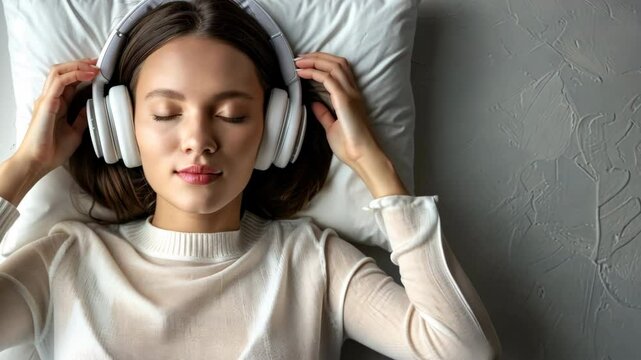 A stylish woman listen to music with headphones while lying on a bed. Pretty girl dreams with her eyes closed.