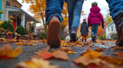 Obraz premium Family Walking on Autumn Leaves in a Neighborhood