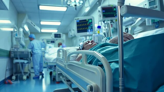 Blurred patient on a hospital bed. Blurred medical equipment in a hospital room.