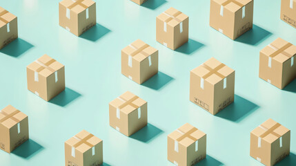 Fototapeta premium Cardboard boxes arranged in a pattern on light blue background, concept of shipping