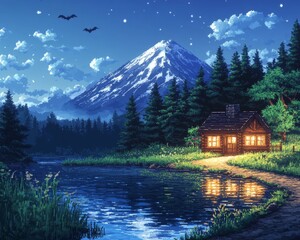 Fototapeta premium Pixel art cabin nestled within a dense forest beneath a towering snow-capped mountain with a starry night sky