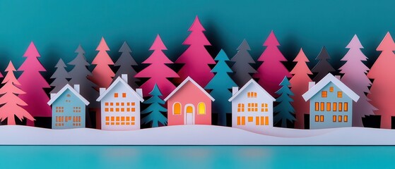 Obraz premium A whimsical winter scene featuring colorful paper houses nestled among snowy trees, creating a cozy, festive atmosphere.