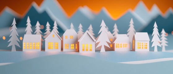 Obraz premium A whimsical winter village made of paper, featuring glowing houses and snowy trees against a colorful mountain backdrop.