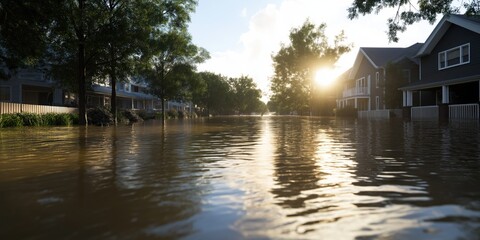 Obraz premium Floodwaters have submerged a suburban neighborhood as the morning sun rises, casting an ethereal glow on the water's surface and a sense of quiet resilience.